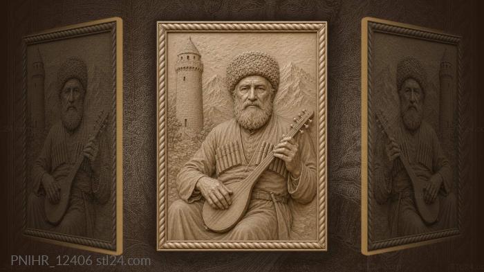 Ashik-Kerib with his saz by the mountain tower 3d STL model