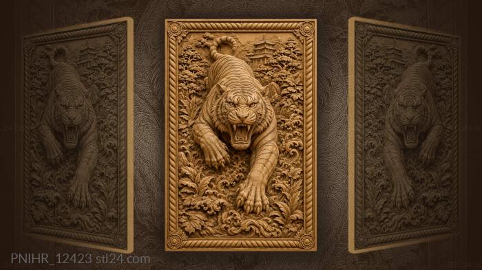 Tiger roaring among waves near pagoda 3d STL model