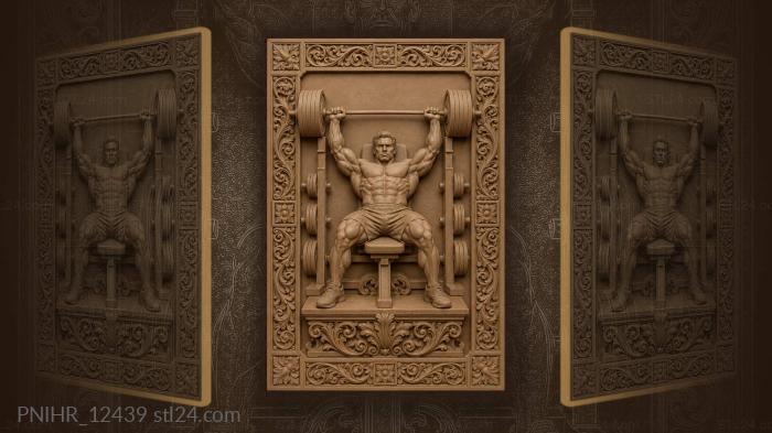 Lifter pressing barbell among stacked plates 3d STL model