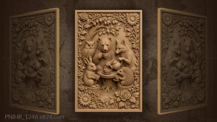 Fox pouring tea for bear and hedgehog 3d STL model