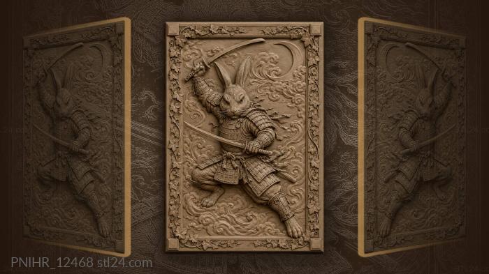 Rabbit samurai with two swords under crescent moon 3d STL model