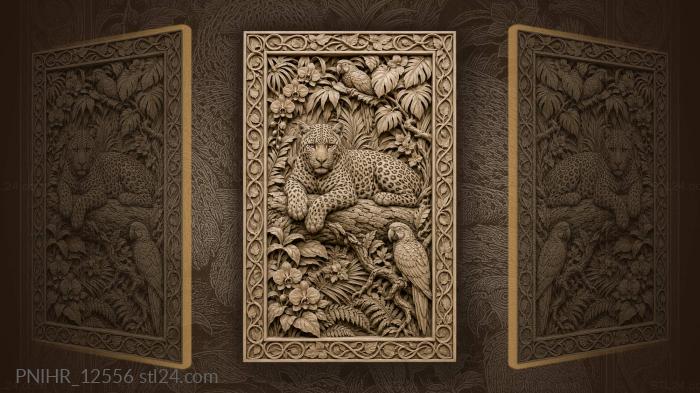 Leopard in tropical paradise with parrots 3d STL model