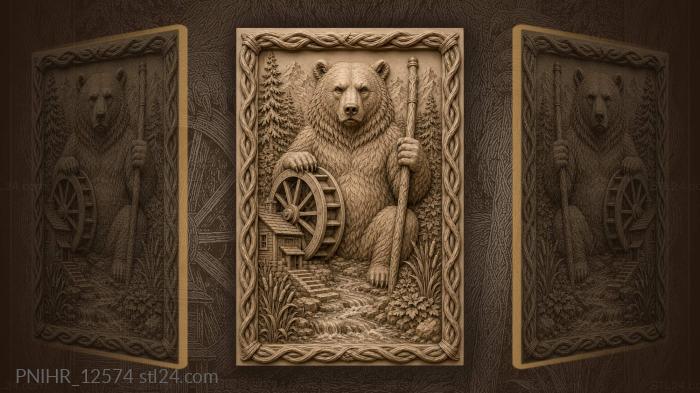 Bear holding a water wheel by mill 3d STL model