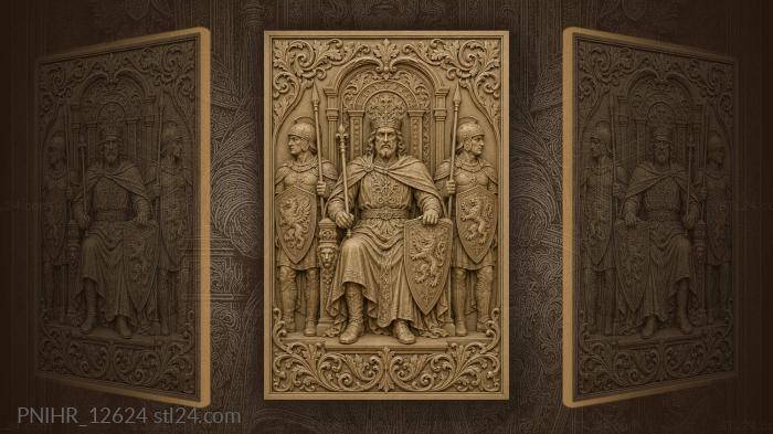 King enthroned between two armed spearmen 3d STL model