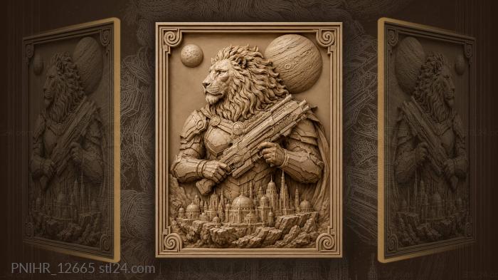 Armed lion under two moons above city 3d STL model