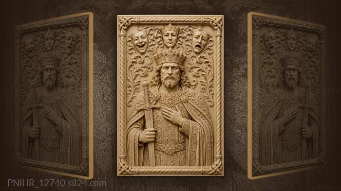 Three masks above the king with sword 3d STL model