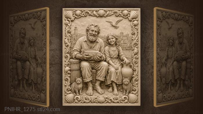 Fisherman and daughter with playful cats 3d STL model