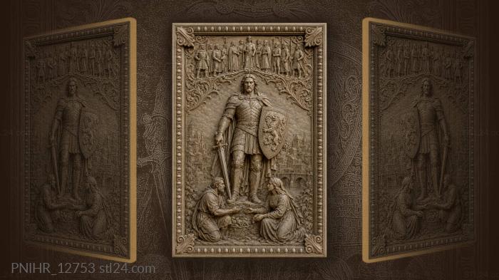 Warrior with lion shield above bridge town 3d STL model