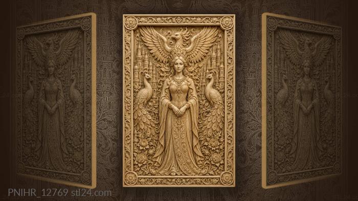 Queen with phoenix and peacocks 3d STL model