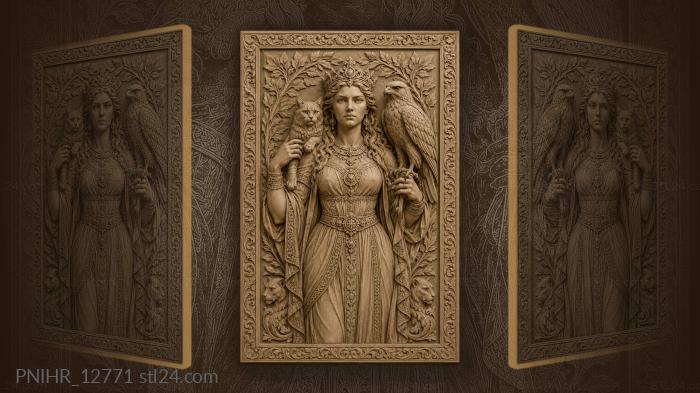 Crowned lady with falcon and cat 3d STL model