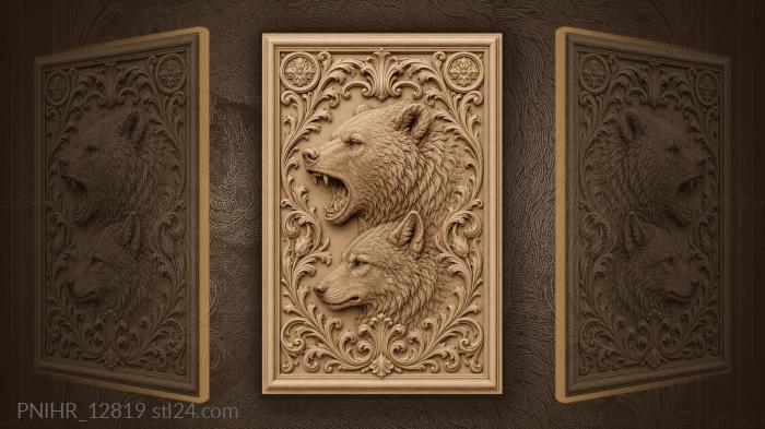 Bear head above a wolf head 3d STL model
