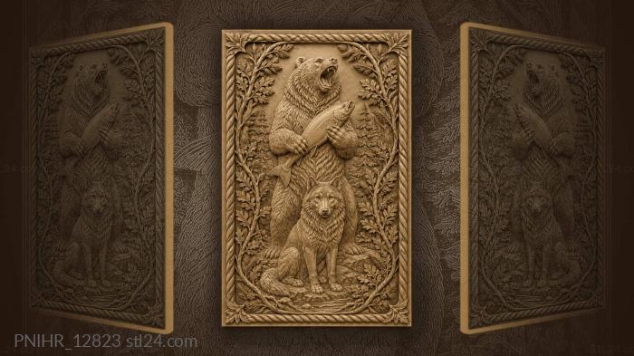 Bear holding a fish above a wolf 3d STL model