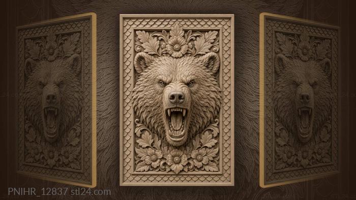 Bear roaring among leaves and flowers 3d STL model