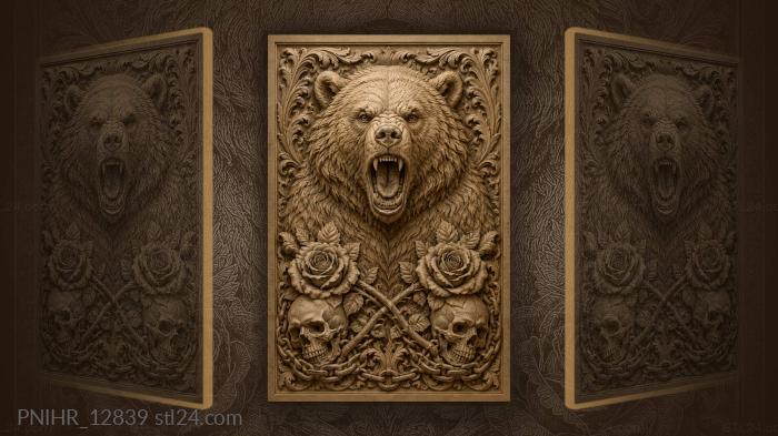 Bear above skulls and crossed roses 3d STL model