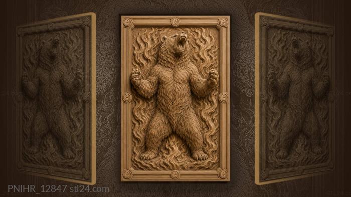 Flames rise behind the standing grizzly 3d STL model