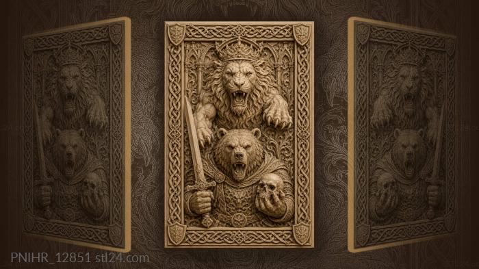 Lion above bear holding sword and skull 3d STL model