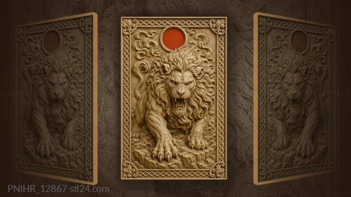 Lion on rocks beneath red circle 3d STL model