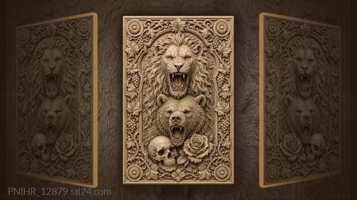 Above a snarling bear a skull and rose 3d STL model