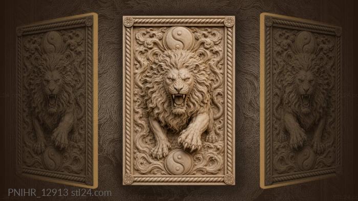 Lion ready to pounce between two symbols 3d STL model