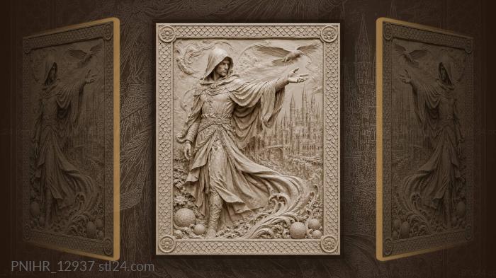 Cloaked figure with city and raven 3d STL model