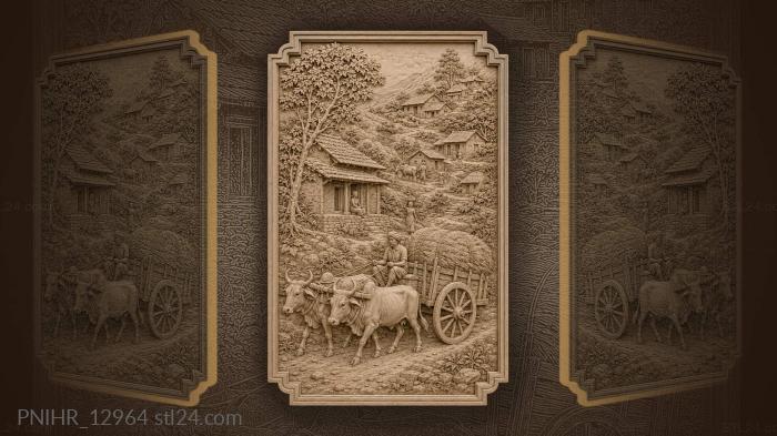 Ox cart climbing a terraced village 3d STL model