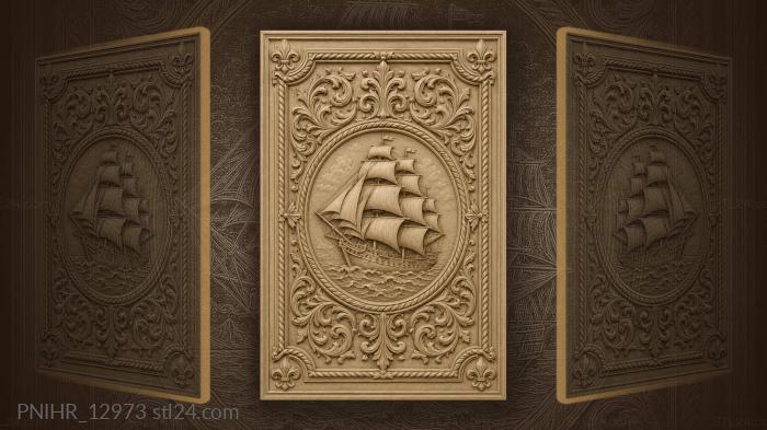 Ship inside round medallion with acanthus 3d STL model