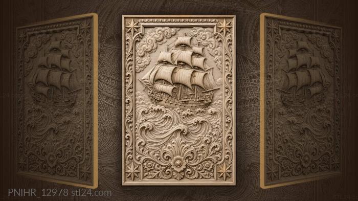 Ship among cloud scrolls and stars 3d STL model