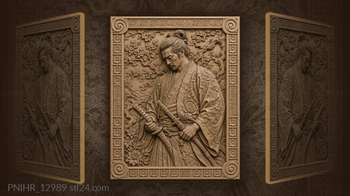 Samurai warrior with katana and flowers 3d STL model