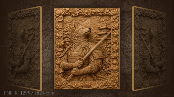 Samurai wolf with katana pagoda view 3d STL model