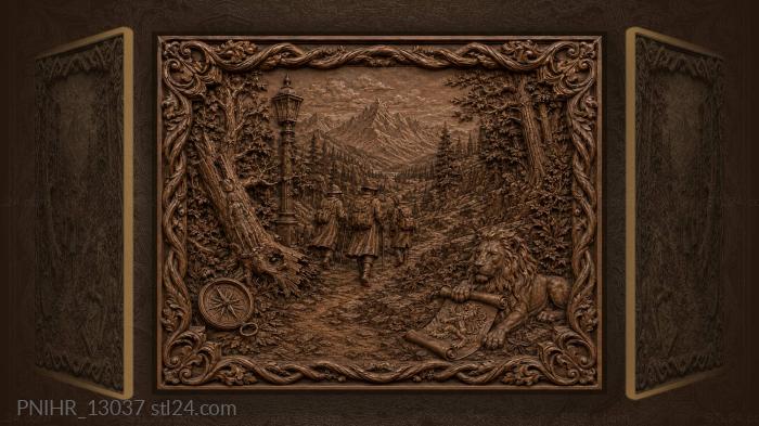 Forest path distant mountains heraldic lion 3d STL model