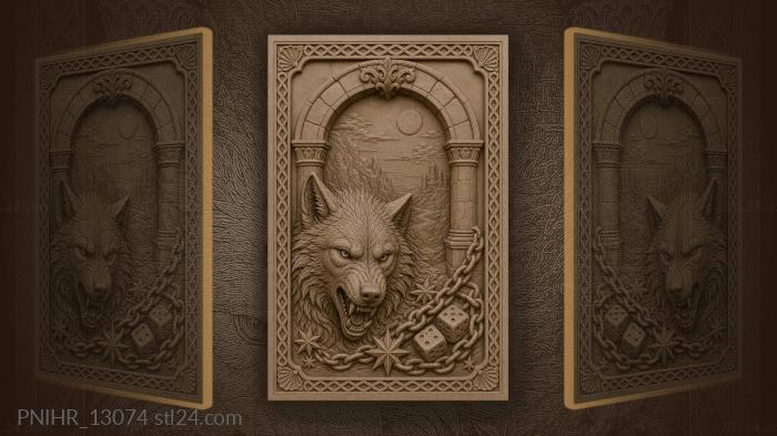 Snarling wolf in gateway with chains dice 3d STL model