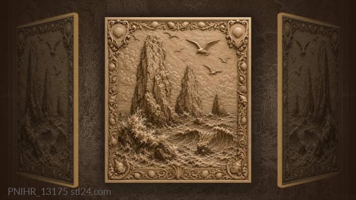 Three rocks and gulls above the waves 3d STL model