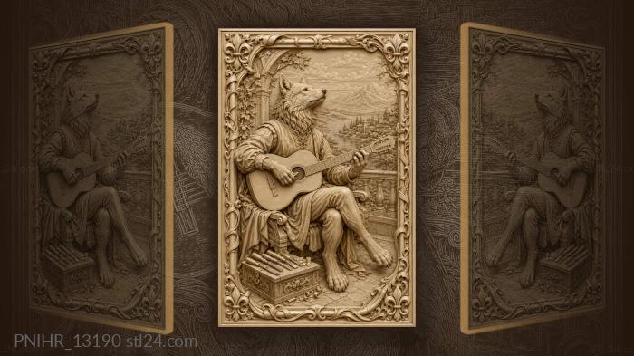 Seated wolf strumming a guitar 3d STL model