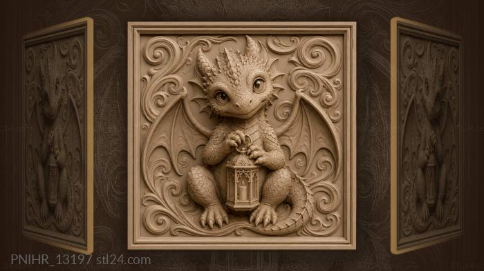 Baby dragon with glowing lantern 3d STL model