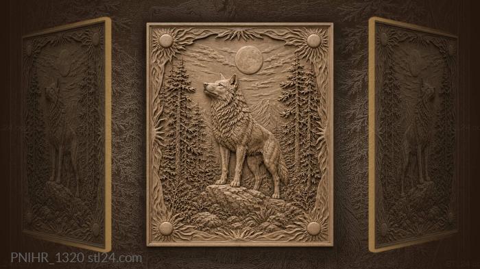 Wolf beneath round moon among pines 3d STL model