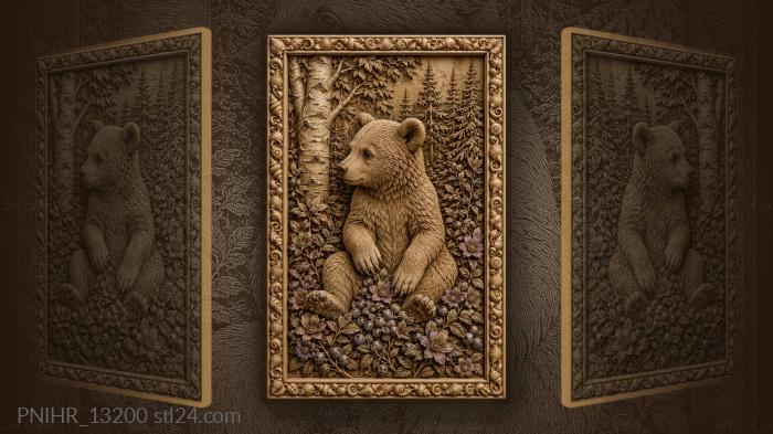 Bear cub among berries and birches 3d STL model
