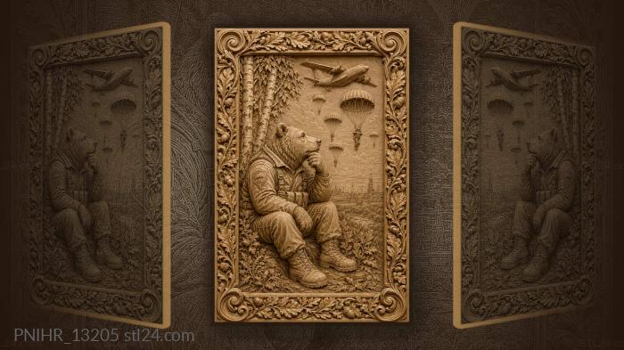 Bear soldier with parachutists birch trees 3d STL model