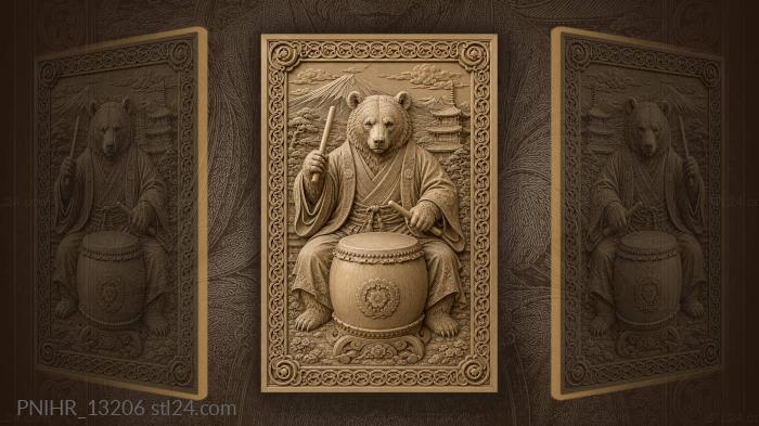 Bear drumming in japanese robes 3d STL model