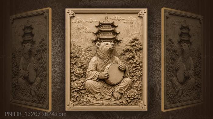 Bear musician with distant pagoda 3d STL model