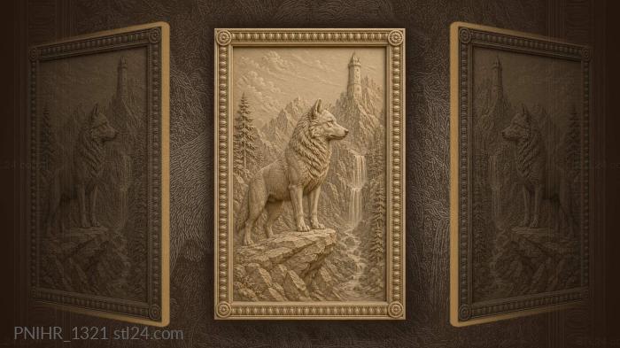Wolf beside waterfall and ancient tower 3d STL model
