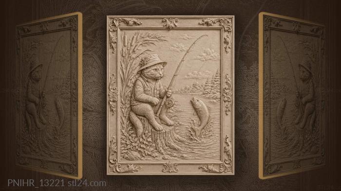 Fish leaps toward the cat on stump 3d STL model