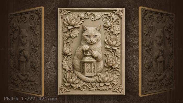 Cat with lantern among lotus 3d STL model