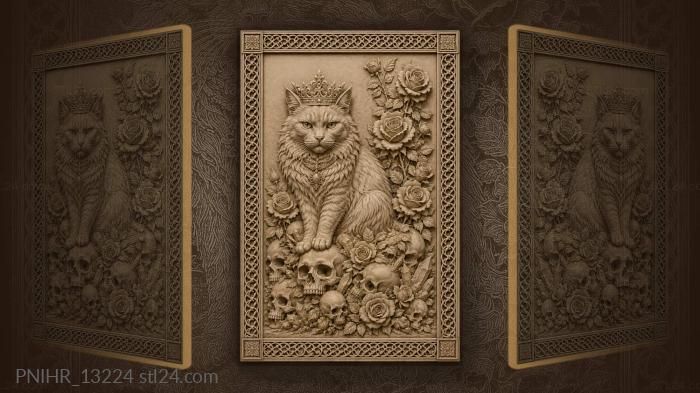 Crowned cat among roses and skulls 3d STL model