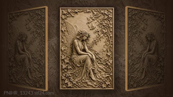 Fairy in a flower crown among flying birds 3d STL model