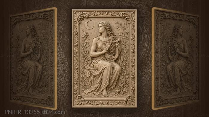 Girl with a lyre under a crescent moon 3d STL model