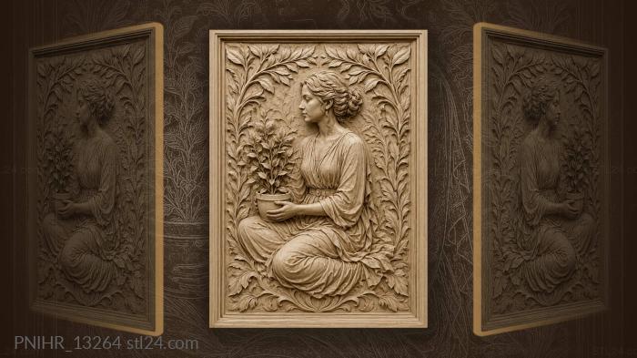 Seated girl with potted plant among leaves 3d STL model
