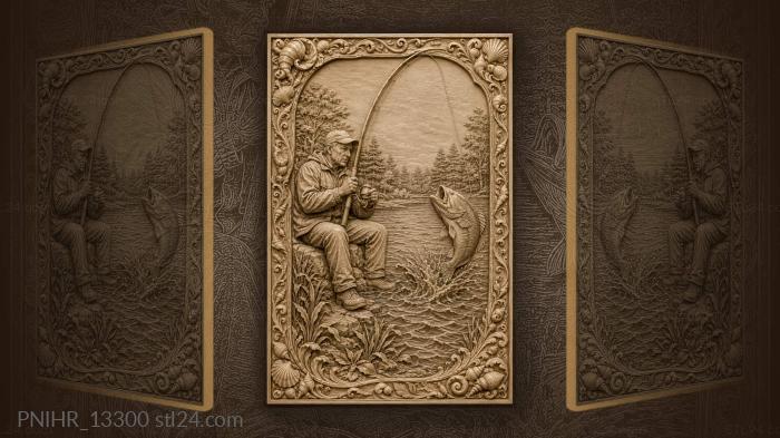 Angler reeling his catch amid thick greenery 3d STL model