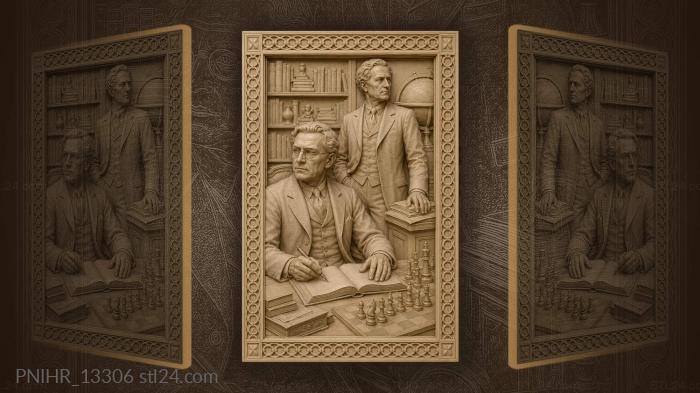 Man in glasses writing at a desk with chess 3d STL model