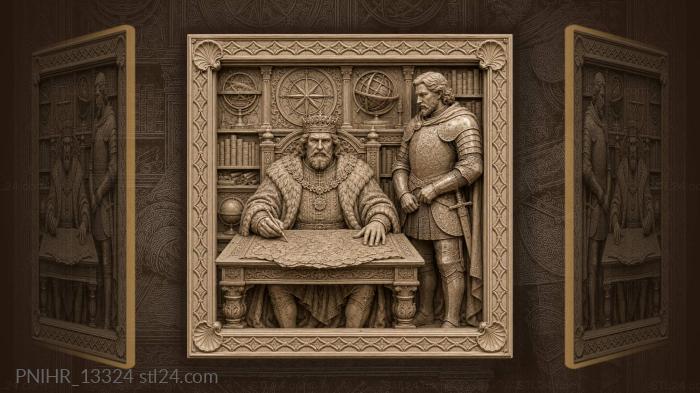 King drawing a map beside a knight 3d STL model