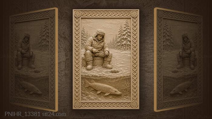 Fisherman in a fur hat over a big fish 3d STL model